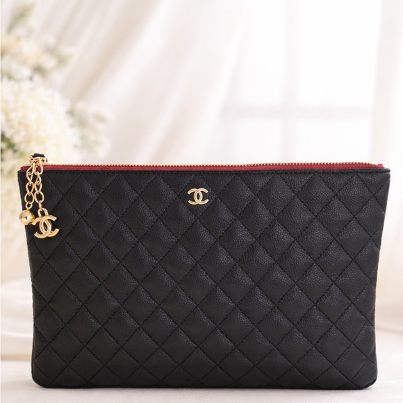 Cosmetic Case Quilted Black Leather Pouch with Gold Hardware New 2026